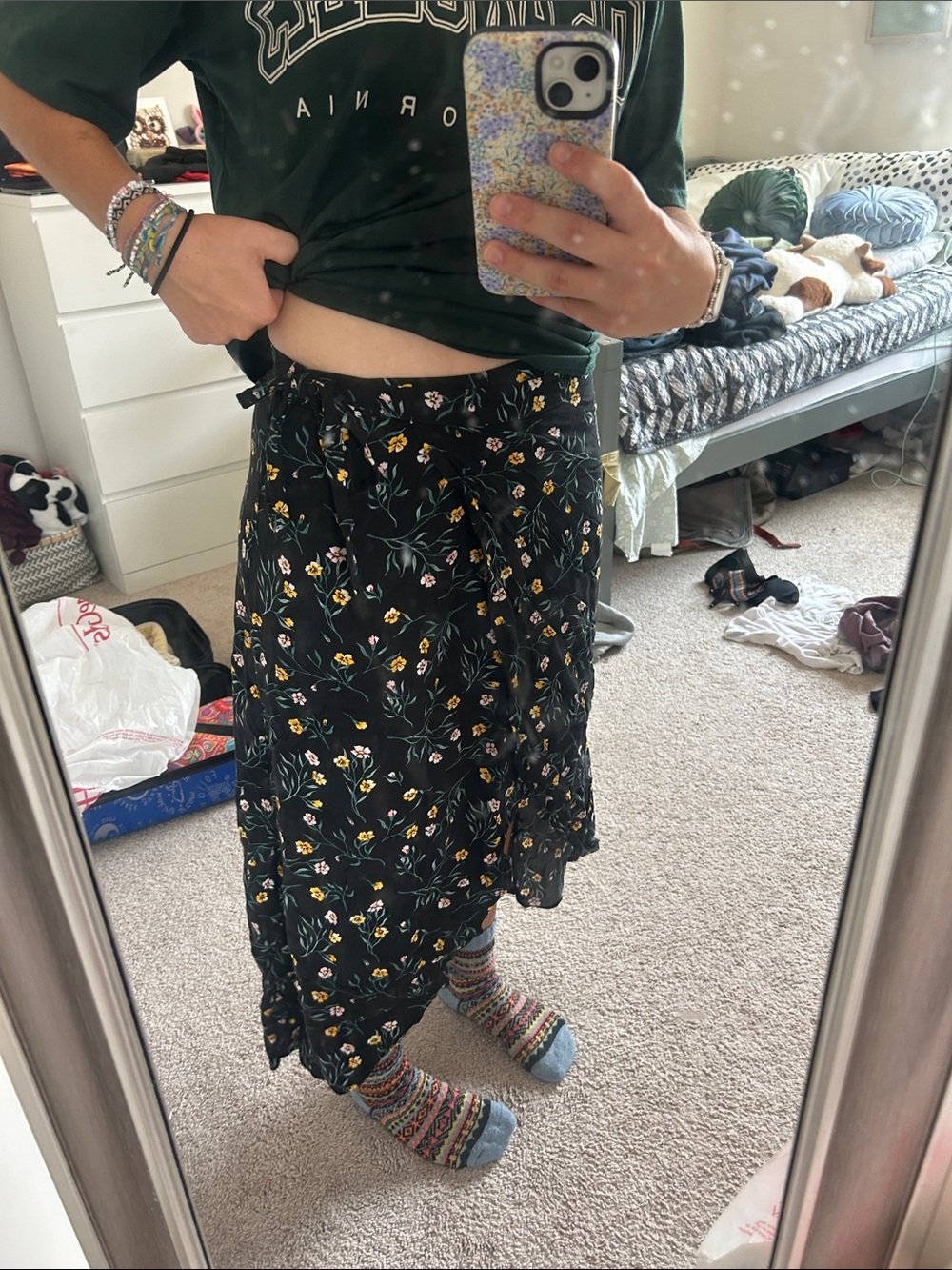 H&M Black Floral Maxi Wrap Skirt with Yellow Accents
